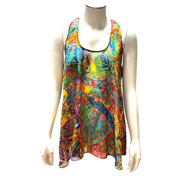 Umgee Small Multicolor Boho Festival Tank Top Sheer Layered Print Statement - Picture 2 of 12